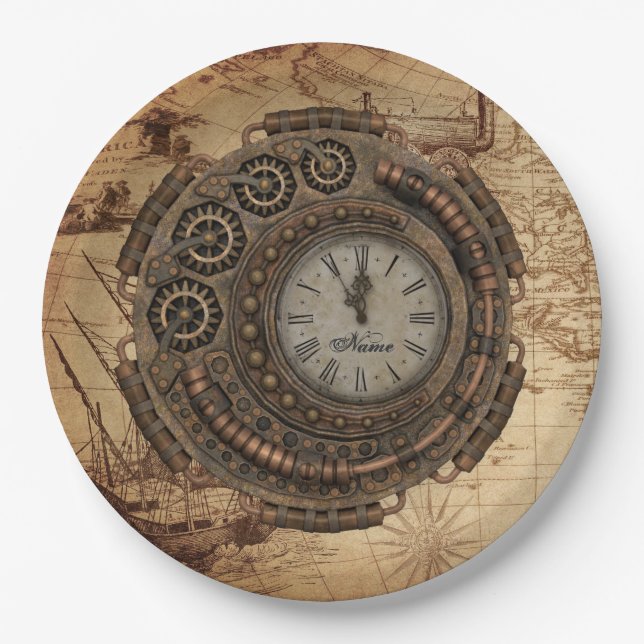 Plato De Papel Maquinaria de reloj industrial Steampunk Mapa de c (Anverso)