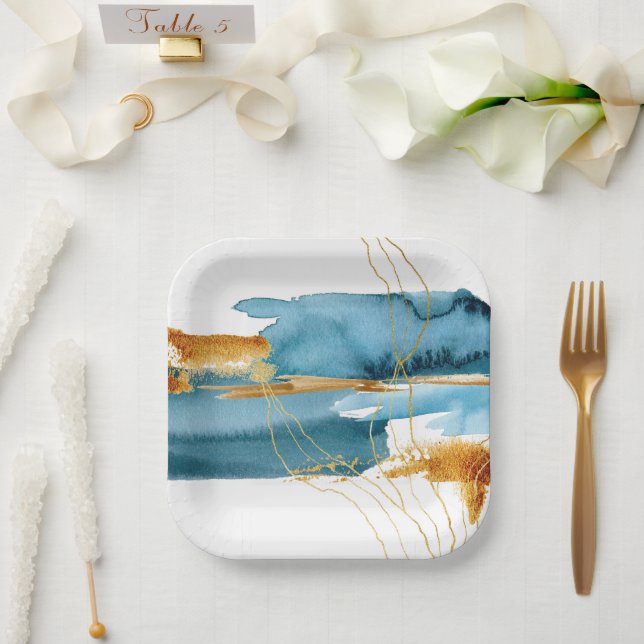 Plato De Papel Mar y Arena Acuarela Moderna Costera (Boda)