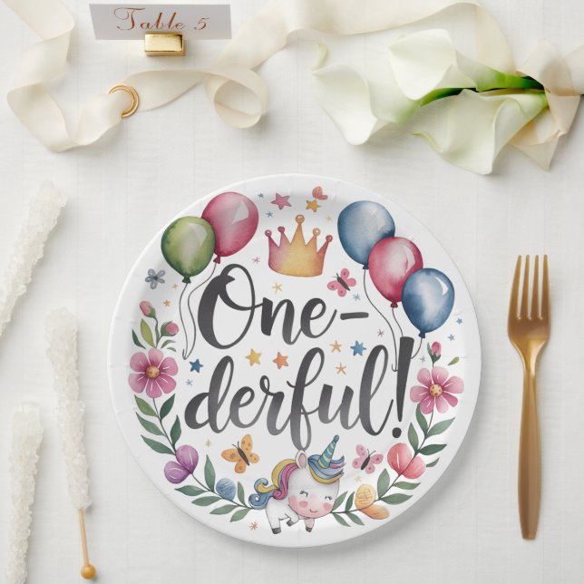 Plato De Papel Maravilloso cumpleaños Unicornio acuarela (Boda)
