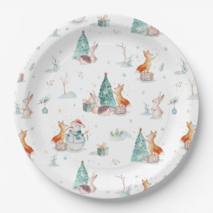 Plato De Papel Maravilloso invierno con animales de bosque de sno