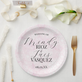 Plato De Papel Marble Abstract Pink Wedding Script Black 