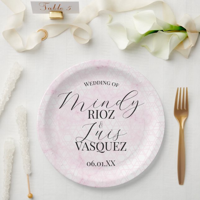 Plato De Papel Marble Abstract Pink Wedding Script Black  (Boda)