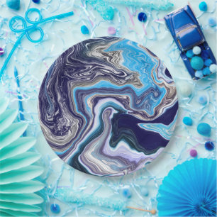 Plato De Papel Marble azul Fluid Art Birday