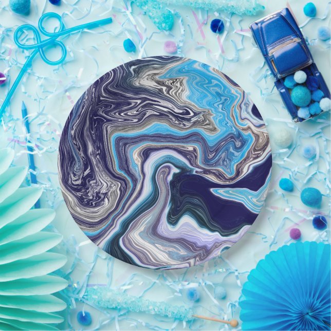 Plato De Papel Marble azul Fluid Art Birday (Fiesta)