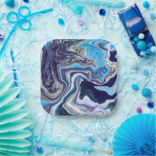 Plato De Papel Marble azul Fluid Art Birday