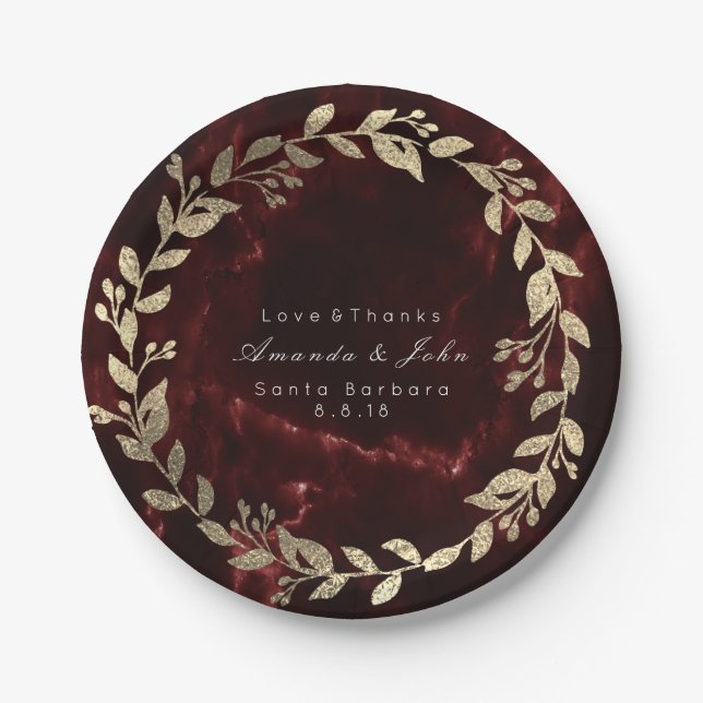 Plato De Papel Marble Burgundy Gold Personalizado Floral Wreath V (Anverso)