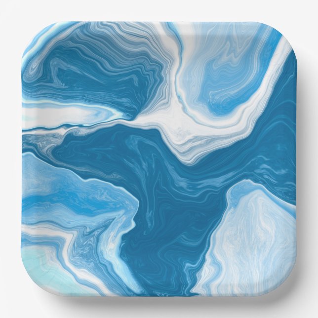 Plato De Papel Marble de arte fluido azul y blanco (Anverso)