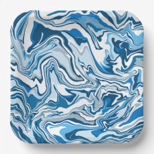 Plato De Papel Marble de arte fluido azul y blanco