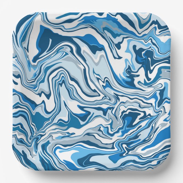 Plato De Papel Marble de arte fluido azul y blanco (Anverso)