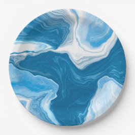 Plato De Papel Marble de arte fluido azul y blanco