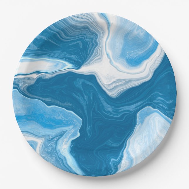 Plato De Papel Marble de arte fluido azul y blanco (Anverso)