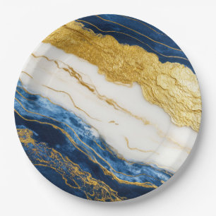 Plato De Papel Marble de hojas de oro y azul de la marina de lujo