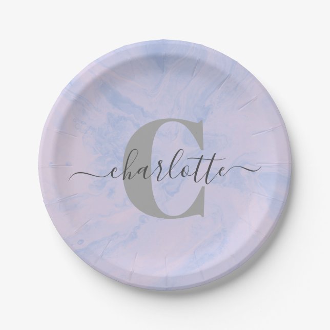 Plato De Papel Marble de lavanda Lilac Elegante Nombre Monograma (Anverso)