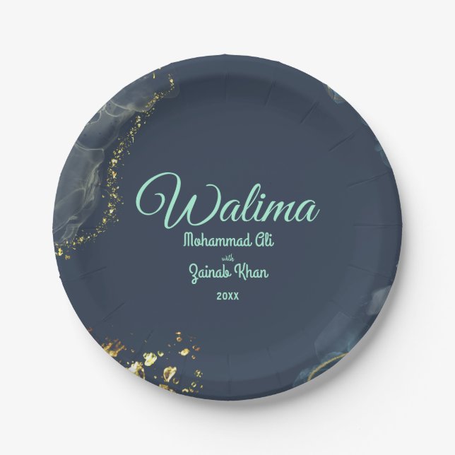 Plato De Papel Marble Dusty Blue Walima Boda islámico (Anverso)