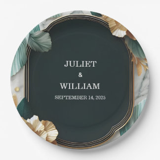 Plato De Papel Marble Monstera Verde Esmeralda Y Boda De Oro