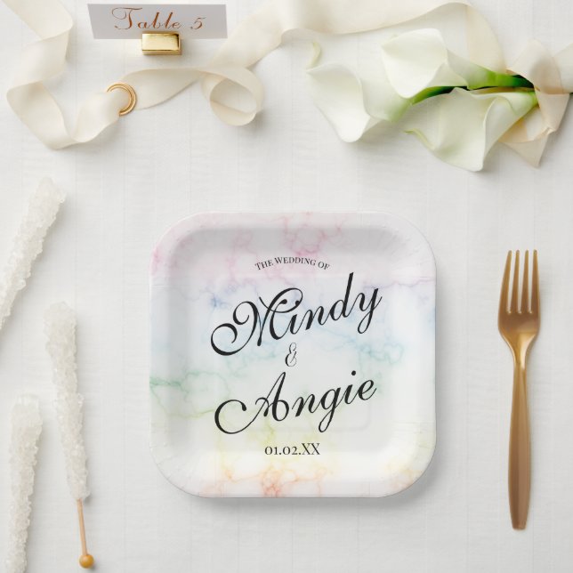 Plato De Papel Marble Rainbow Gay Script Wedding (Boda)