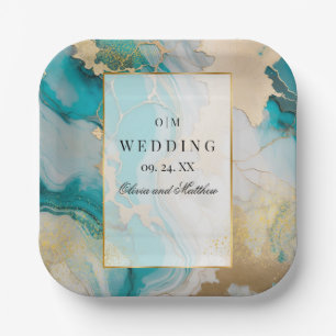 Plato De Papel Marble Turquesa moderno y Boda de oro