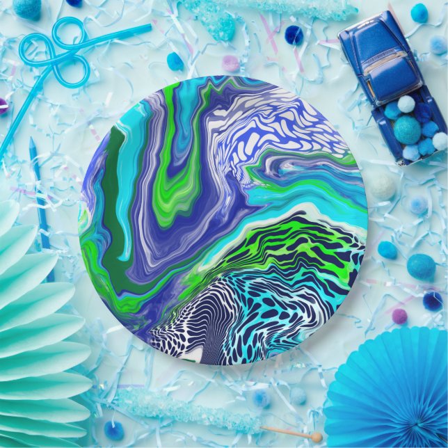 Plato De Papel Marble verde azul y cal Swirls Cumpleaños (Fiesta)