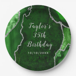 Plato De Papel Marble verde y plateado agate cumpleaños