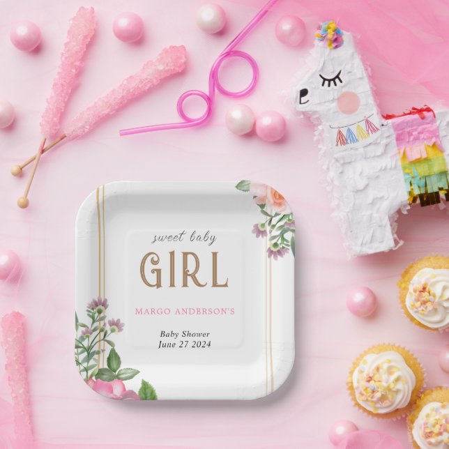 Plato De Papel Marco Baby Shower de Chica floral dorado rosa (Fiesta)