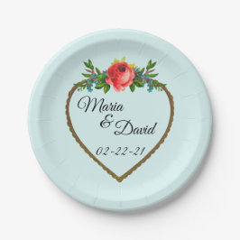 Plato De Papel Marco cardíaco con Rosa acuarela