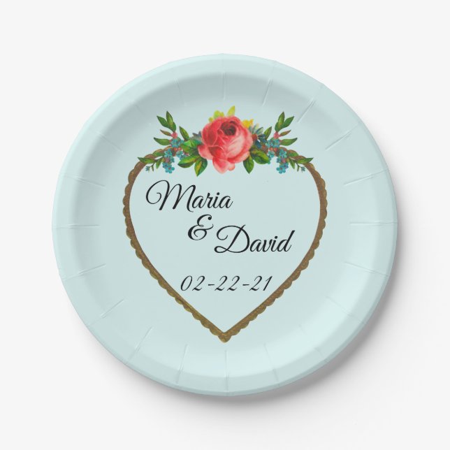 Plato De Papel Marco cardíaco con Rosa acuarela (Anverso)