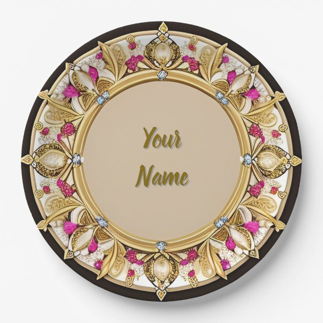 Plato De Papel Marco circular dorado elegante (Anverso)