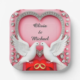Plato De Papel Marco de Corazón de Boda Romántica con Palomas
