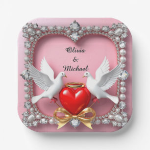Plato De Papel Marco de Corazón de Boda Romántica con Palomas