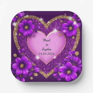 Plato De Papel Marco de Corazón Morado con Brillo y Flores