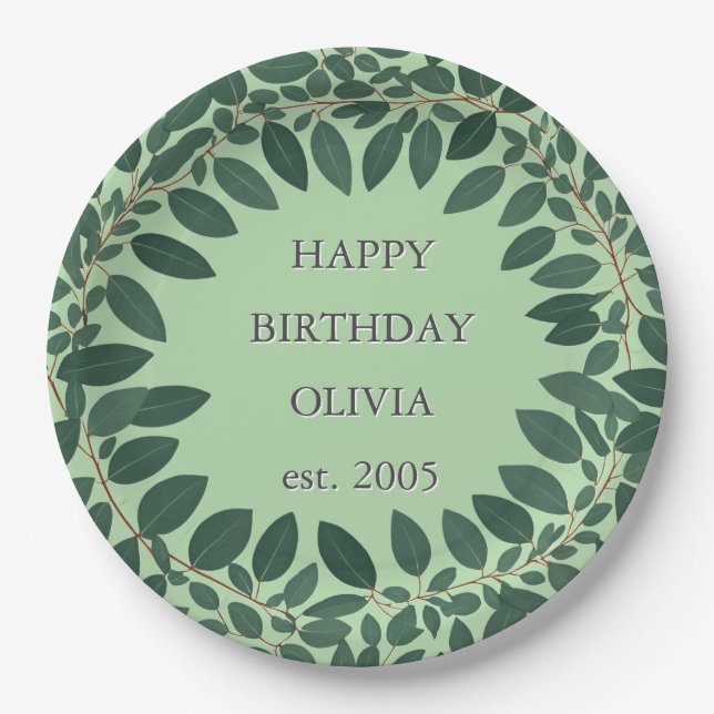 Plato De Papel Marco de eucalipto de texto personalizado – verde  (Anverso)