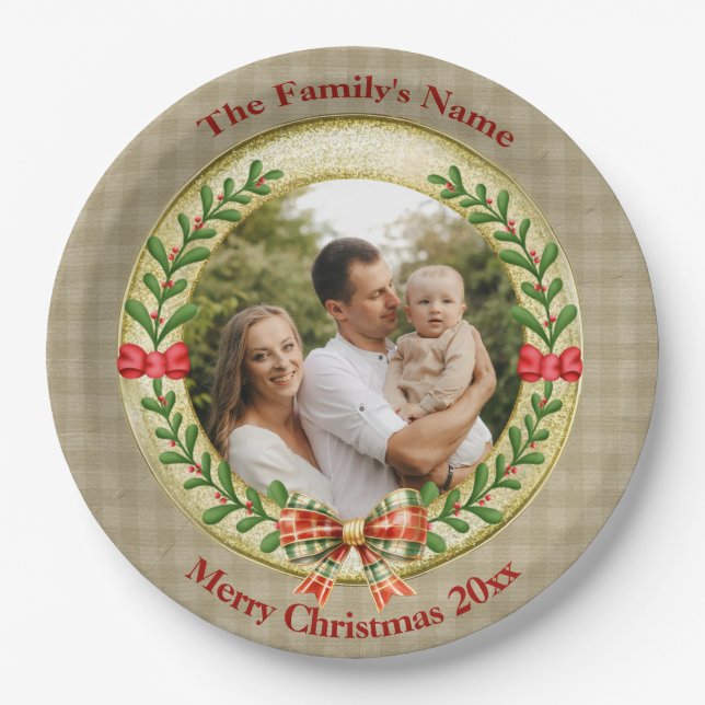 Plato De Papel Marco de imagen personalizado y Wreath de Navidade (Anverso)