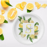 Plato De Papel Marco de lémon amarillo moderno y hojas con nombre<br><div class="desc">Marco de lémon amarillo moderno y hojas con nombre</div>