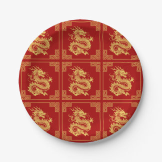 Plato De Papel Marco de Ornamento Griego Patrón Dragón Oro Rojo
