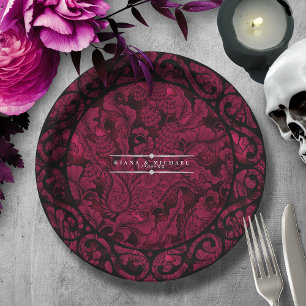 Plato De Papel Marco de pergamino de paisley gótica Borgoña ID866