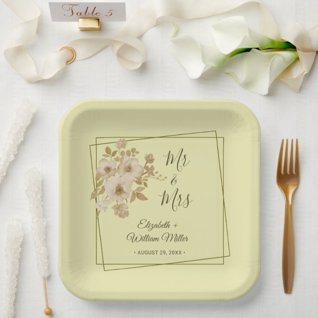 Plato De Papel Marco de Rosa – Boda Amarillo Celeste (Boda)