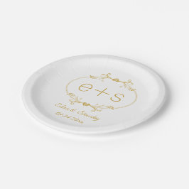 Plato De Papel Marco dorado e iniciales elegante boda de monogram