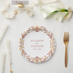 Plato De Papel Marco floral botánico vintage de otoño de boda