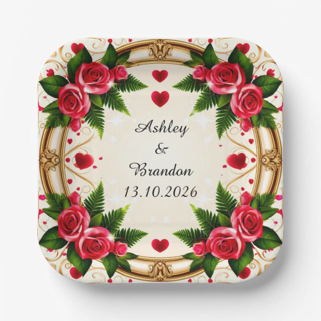 Plato De Papel Marco floral con rosas rosadas (Anverso)