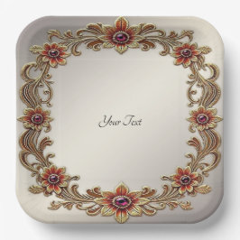 Plato De Papel Marco floral dorado con placa de papel de piedra r