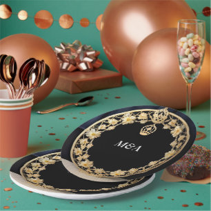Plato De Papel Marco Ornamental Dorado Elegante con Detalle Flora