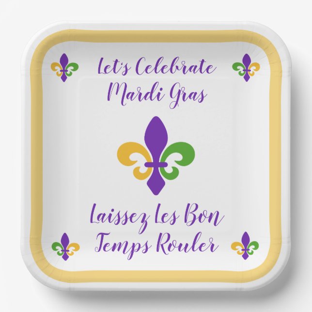 Plato De Papel Mardi Gras Bon Temp Green Gold Purple Fleur de Lis (Anverso)