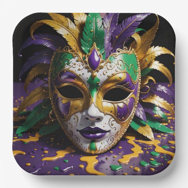 Plato De Papel Mardi Gras Face Mask Party (Anverso)