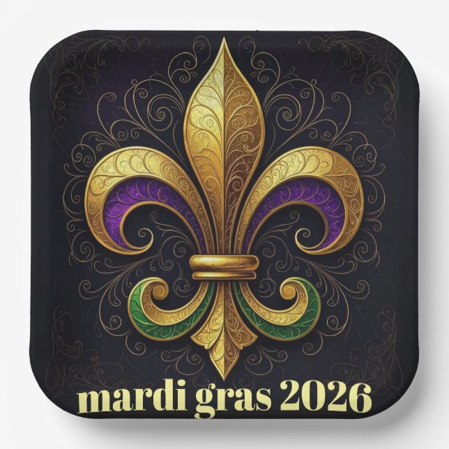 Plato De Papel Mardi Gras Fleur de Lis Party (Anverso)
