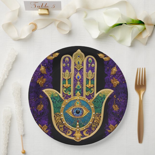 Plato De Papel Mardi Gras Gold Purple Green Hamsas Art (Boda)