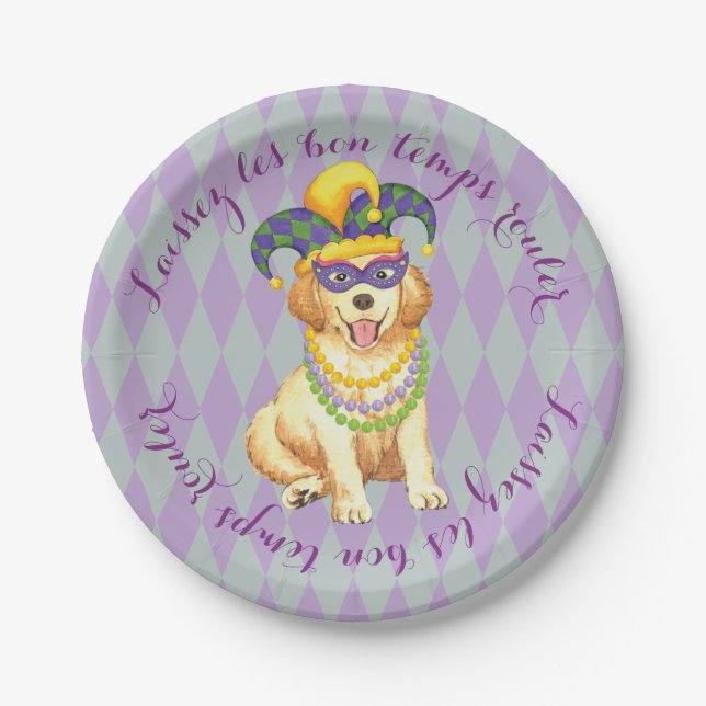 Plato De Papel Mardi Gras Golden Retriever (Anverso)