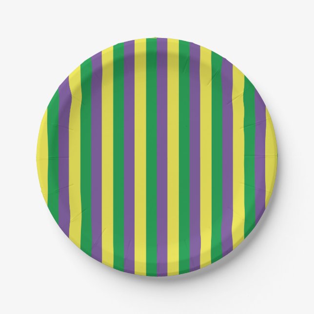 Plato De Papel Mardi Gras Green, Yellow & Purple Stripes (Anverso)
