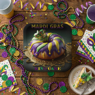 Plato De Papel Mardi Gras King Cake con corona