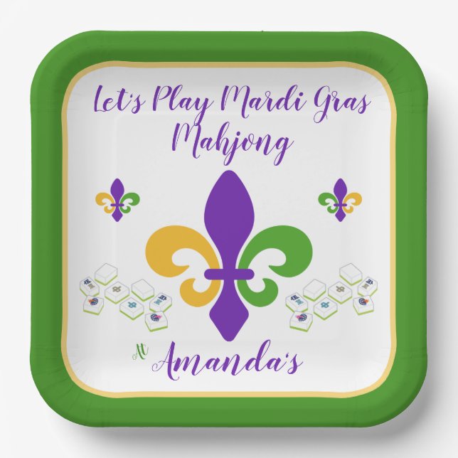 Plato De Papel Mardi Gras Mahjong NAME Green Gold Purple Fleur de (Anverso)