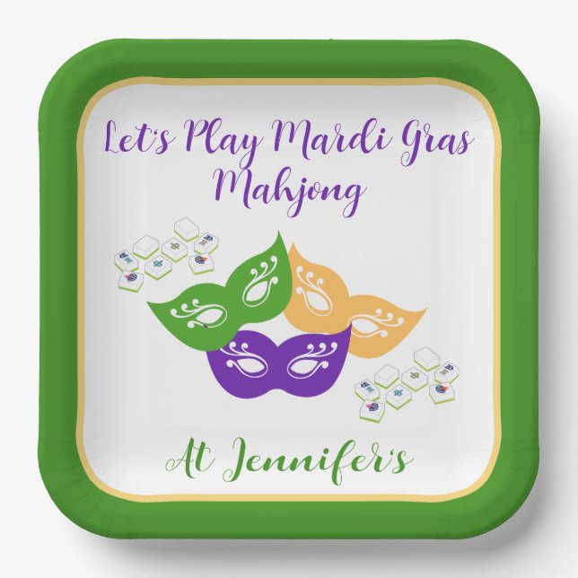 Plato De Papel Mardi Gras Mahjong PERSONALIZE Green Gold Purple  (Anverso)